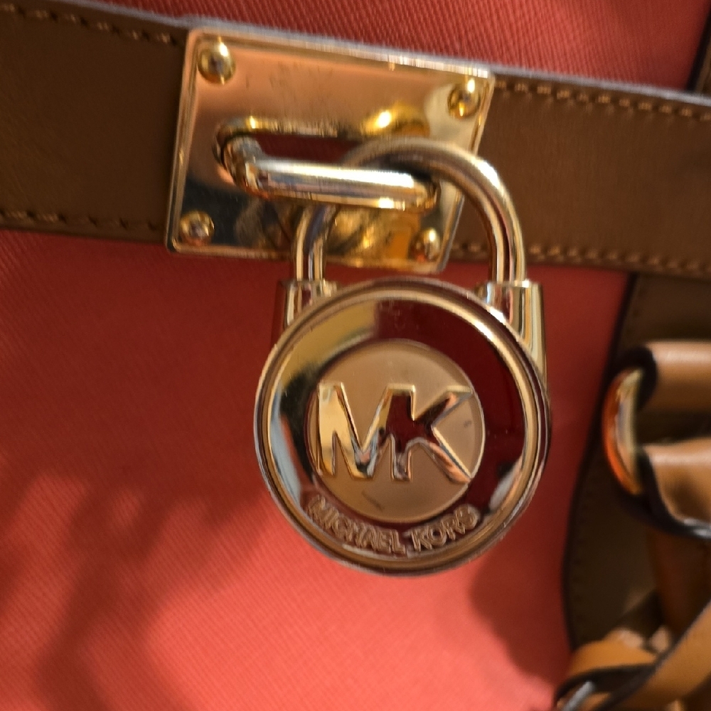 Michael Kors Hamilton Center Tan and Coral Satchel - Picture 8 of 8